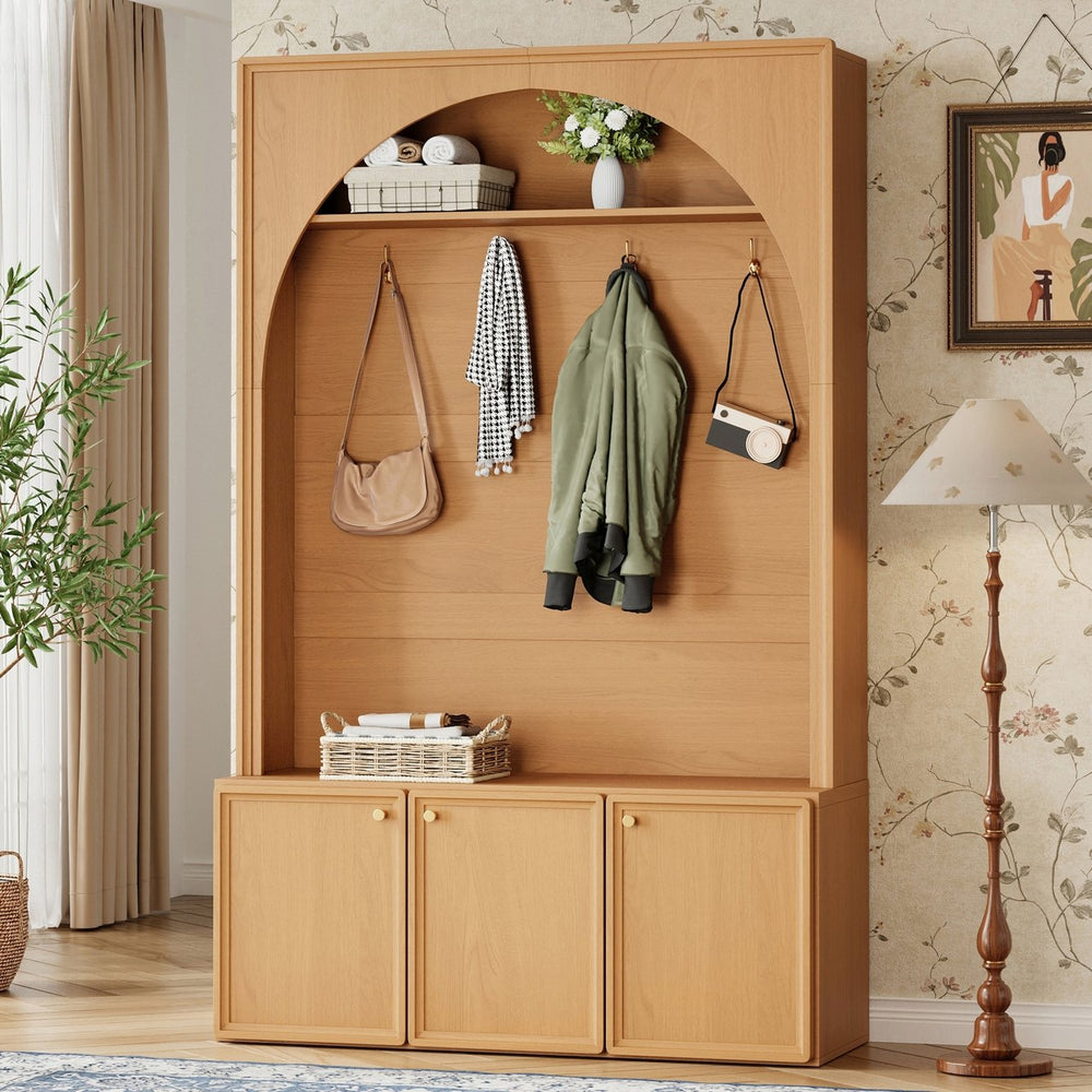 English Elm On-trend Farmhouse Hall Tree Arched Cabinet Storage Bench with Golden Hooks Mudroom Natural N721S000080D