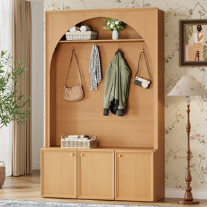 English Elm On-trend Farmhouse Hall Tree Arched Cabinet Storage Bench with Golden Hooks Mudroom Natural N721S000080D