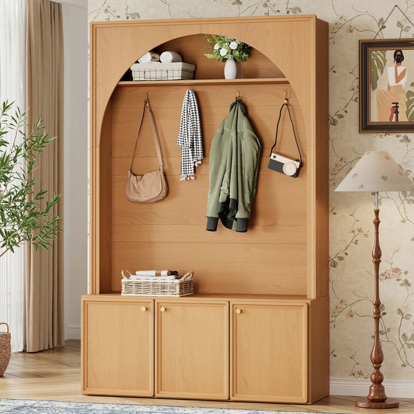 English Elm On-trend Farmhouse Hall Tree Arched Cabinet Storage Bench with Golden Hooks Mudroom Natural N721S000080D