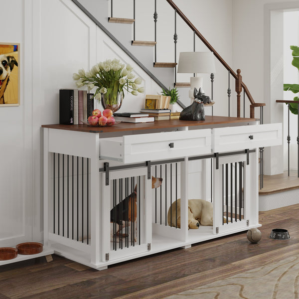 English Elm 63'' Farmhouse Double Dog Crate Furniture with Wood Grain Mdf Build and Storage Drawers W2557P231672