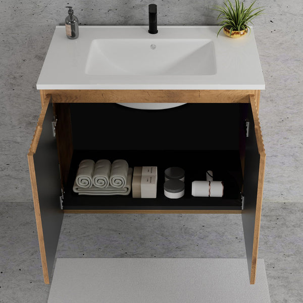 English Elm 30 Inch Floating Bathroom Vanity Fluted Wood Grain Front with Ceramic Integrated Sink Golden Oak W3520S00030