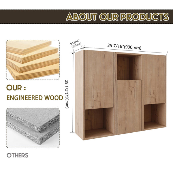 English Elm 36" Bathroom Side Cabinet - Stylish Wall-Mounted Storage, Soft-Close Doors & Durable Imitative Oak Finish W999S00374