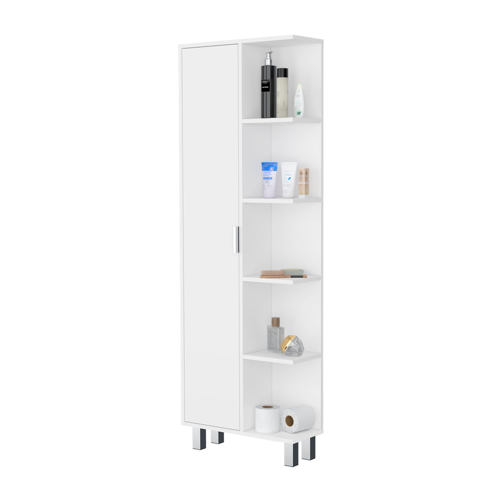 English Elm FM FURNITURE Randall Linen Cabinet White - Elegant 1-Door, 9 Shelves, Durable Particleboard Storage for Bathroom B128P321051