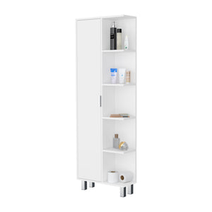 English Elm FM FURNITURE Randall Linen Cabinet White - Elegant 1-Door, 9 Shelves, Durable Particleboard Storage for Bathroom B128P321051