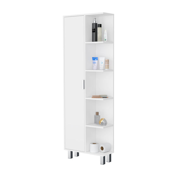 English Elm FM FURNITURE Randall Linen Cabinet White - Elegant 1-Door, 9 Shelves, Durable Particleboard Storage for Bathroom B128P321051