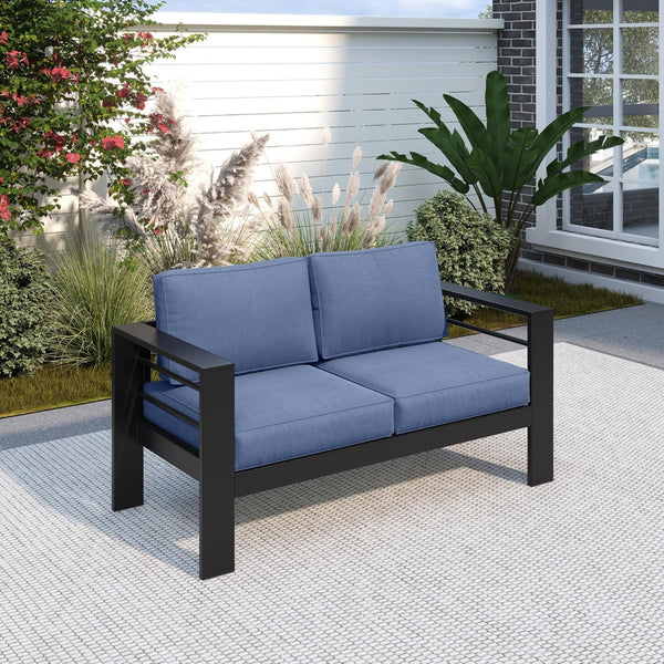 English Elm 50" Cast Aluminum Outdoor Loveseat with Uv Resistant Olefin Cushions for Patio Decks Black+Blue B082P454971