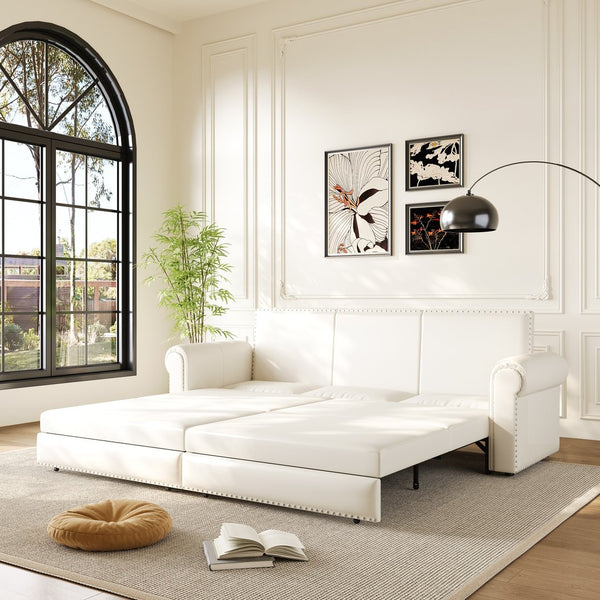 English Elm Chesterfield Sofa, 93.7" 3-In-1 Faux Leather Convertible Sleeper Bed With Nailhead Trim & Pillows W1885S00103