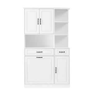 English Elm Tall Freestanding Organizer Cabinet with Tilt-Out Hamper, 2 Drawers, Adjustable Shelves, Modern White MDF Storage N725S352451K