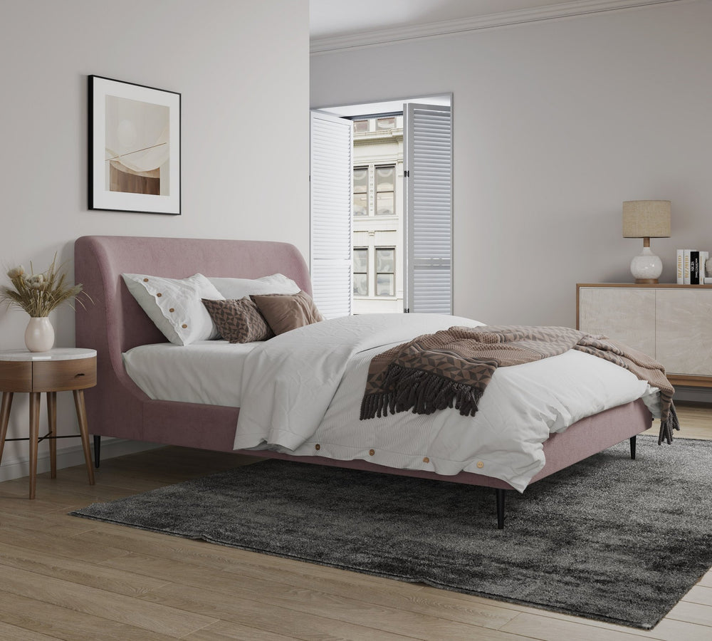 English Elm Queen Velvet Upholstered Bed Arched Headboard Mid Century Modern Bedroom Frame Pink+Black B365S00149