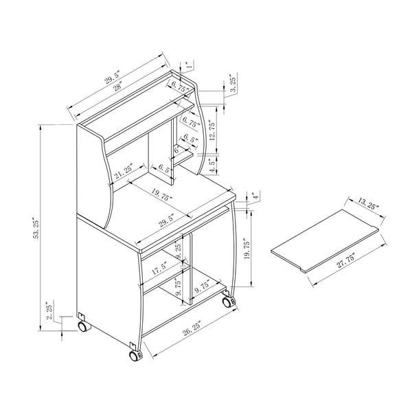 English Elm Microwave Rolling Cart with Hutch Shelves Sliding Tray and Locking Wheels for Kitchen Mahogany B107P306191