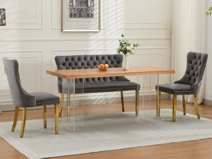 English Elm Velvet Wingback Dining Bench Tufted Two Seat Mid Century Modern Brushed Steel Base Gray W1143P406978