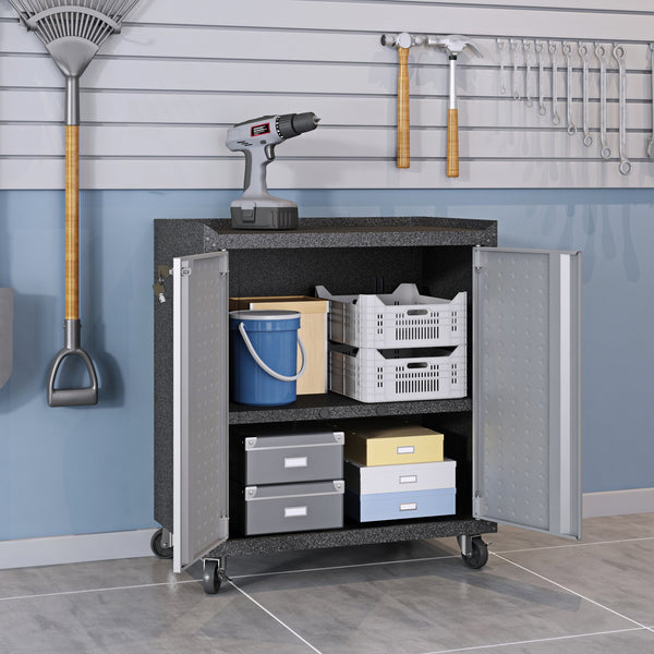 English Elm Rolling Metal Garage Cabinet with Locking Doors Diamond Texture Industrial Storage Dark Grey B365P398227