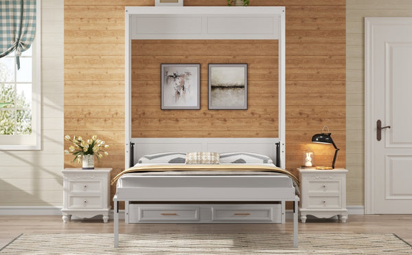 English Elm Full Murphy Bed with Storage Cabinets and Shelves, Space-Saving Wooden Wall Bed with 600lb Capacity Beige N7090004012A