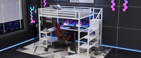 English Elm Metal Queen Loft Bed with Wardrobe, LED Light, L-Shaped Desk and USB Ports for Space-Saving Rooms White 65.75 L x 17.52 W x 6.3 H W2593S00039