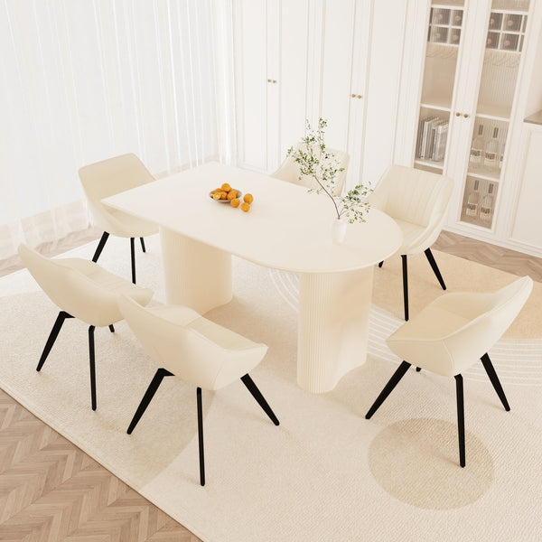 English Elm 63" Cream Mdf Dining Table and Six Beige Pu Chair Set with Sculpted Legs W2189S00848