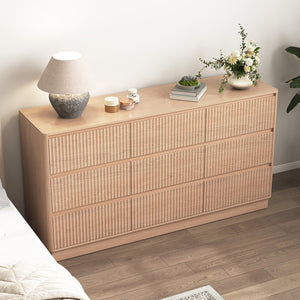 English Elm 9 Drawer Matte Wood Dresser with Wave Front Mid Century Modern Low Profile Storage Natural W409P387580