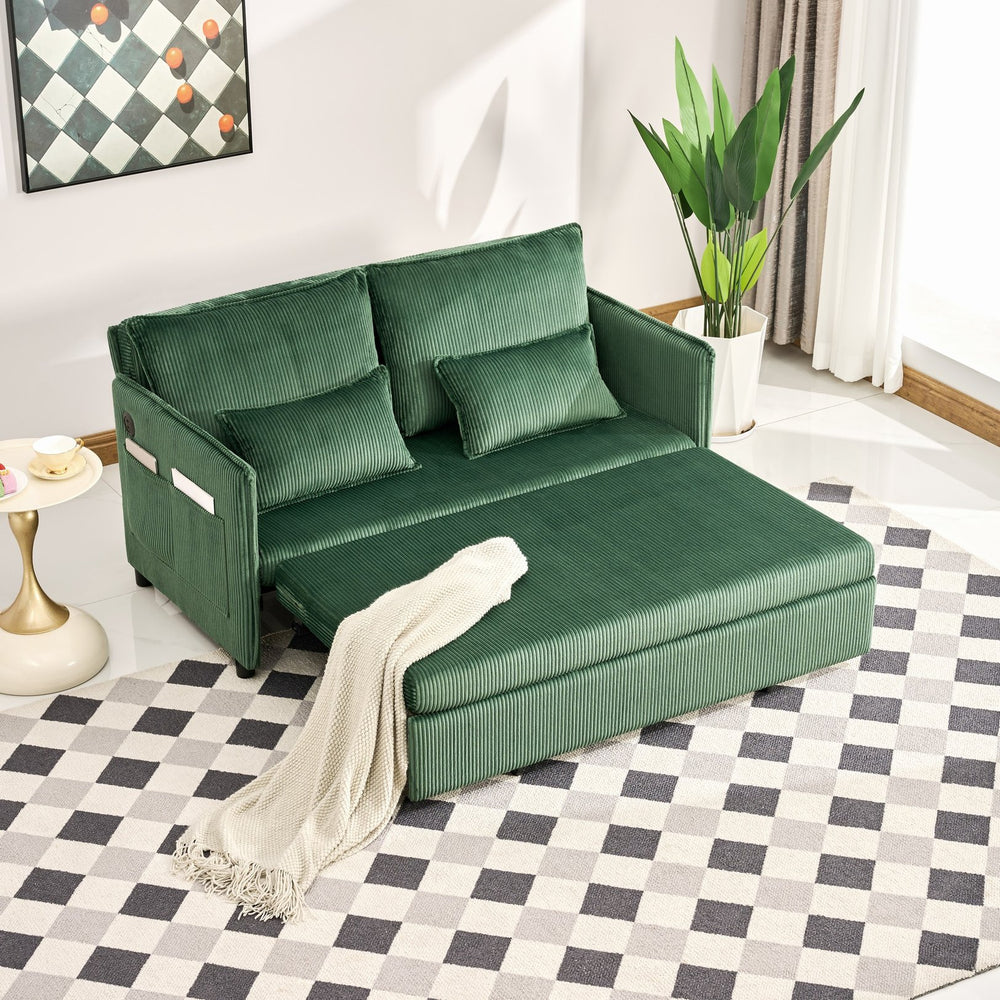English Elm 55"convertible Corduroy Sofa Bed with Usb Port and Side Pockets for Small Apartments Green W3373P405040