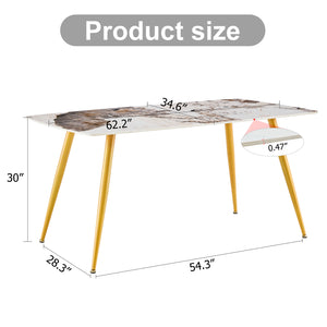 English Elm Modern minimalist sintered stone dining table with white marble-look top and sturdy metal legs, seats 4-6 comfortably Gold W1151S01018