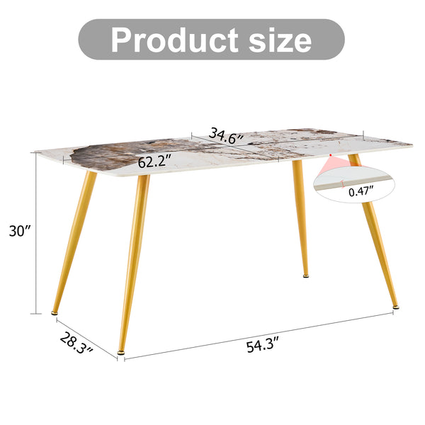 English Elm Modern minimalist sintered stone dining table with white marble-look top and sturdy metal legs, seats 4-6 comfortably Gold W1151S01018