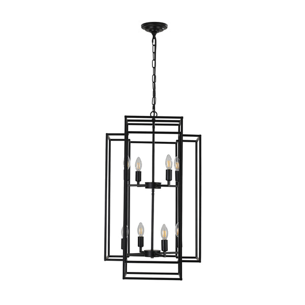 English Elm 18" Modern 8-Light Geometric Pendant Chandelier, Industrial Metal Frame, Adjustable 60" Drop, Stylish Lighting Black W2312P374787