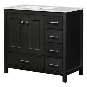 English Elm 36" Black Bathroom Vanity with Ceramic Sink, 2 Soft-Close Doors & 5 Drawers, Modern Storage Elegance N729P183735B