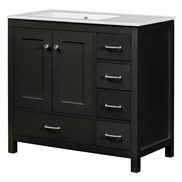 English Elm 36" Black Bathroom Vanity with Ceramic Sink, 2 Soft-Close Doors & 5 Drawers, Modern Storage Elegance N729P183735B