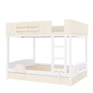 English Elm Queen Bunk Bed with Trundle Solid Pine Kids Car Themed Frame Built-in Bookshelf Beige+White W1580S00446
