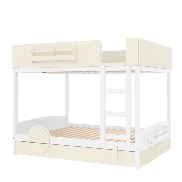 English Elm Queen Bunk Bed with Trundle Solid Pine Kids Car Themed Frame Built-in Bookshelf Beige+White W1580S00446