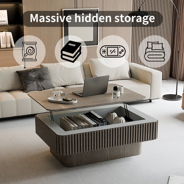 English Elm 38.6'' Fluted Lift Top Coffee Table Wood Veneer Hidden Storage Modern Living Room W1435P337635