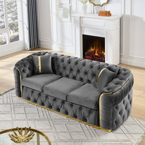English Elm 2pcs Italian Velvet Chesterfield Sofa Set Tufted Three Seater with Gold Steel Legs Gray W1191S00043