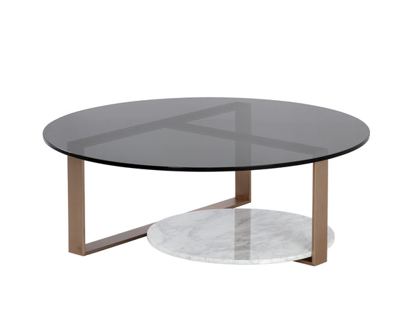 Sunpan MALDINI Contemporary Round Coffee Table with Grey Glass Top & White Marble Base for Modern Living Spaces 108048