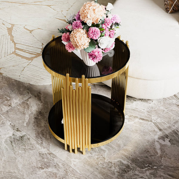 English Elm Modern Round Mirrored Glass End Table with Gold Metal Frame and Lower Display Shelf Black N735P380092B
