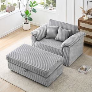 English Elm 47.24-inch corduroy armchair with storage ottoman and USB ports, spring seat, solid wood frame lounge Gray W3356S00021