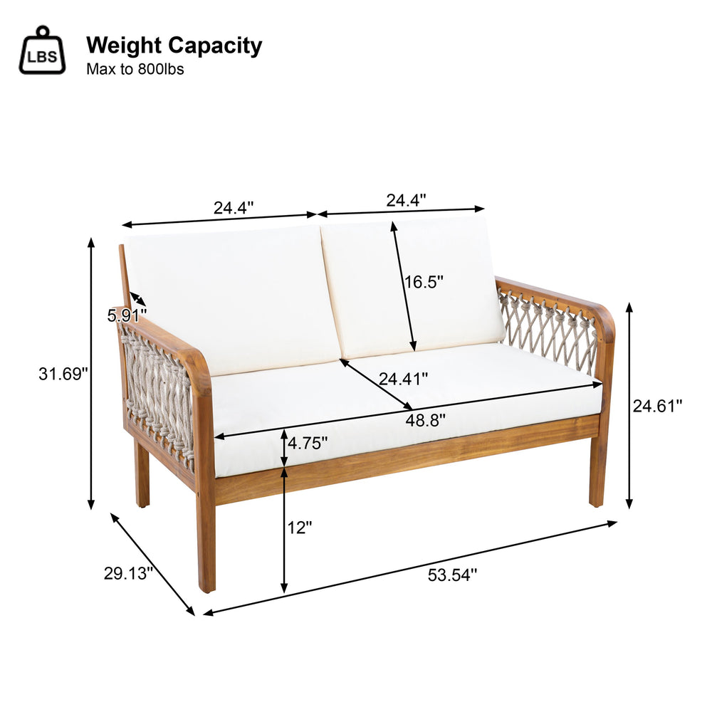 English Elm Outdoor Acacia Wood Loveseat Set with Woven Rope Detail and Slatted Coffee Table Cream,Oatmeal,Teak N768P363954T