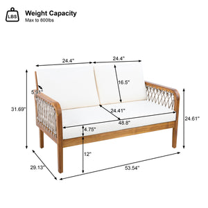 English Elm Outdoor Acacia Wood Loveseat Set with Woven Rope Detail and Slatted Coffee Table Cream,Oatmeal,Teak N768P363954T