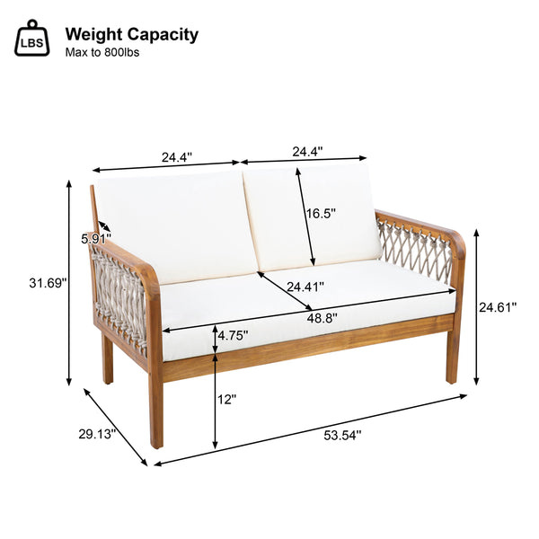 English Elm Outdoor Acacia Wood Loveseat Set with Woven Rope Detail and Slatted Coffee Table Cream,Oatmeal,Teak N768P363954T