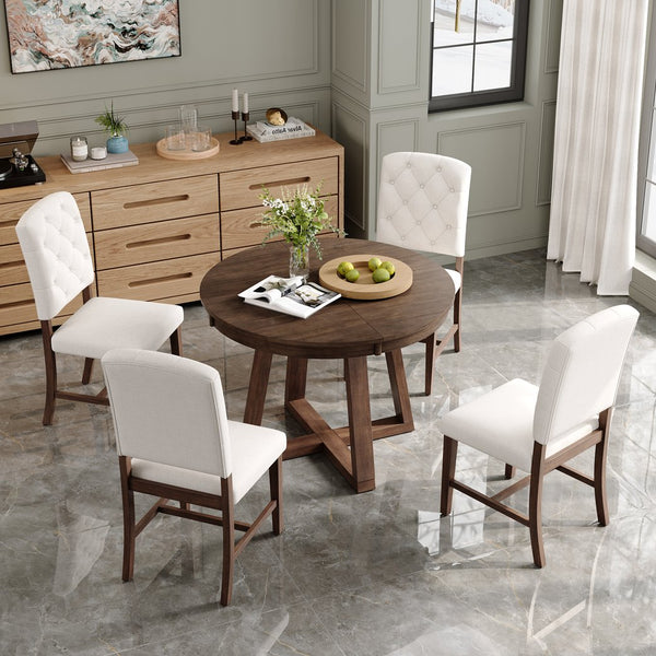 English Elm Trexm Retro 5 Piece Extendable Round Dining Set with Button Tufted Upholstered Chairs Walnut ST000094AAD-2026