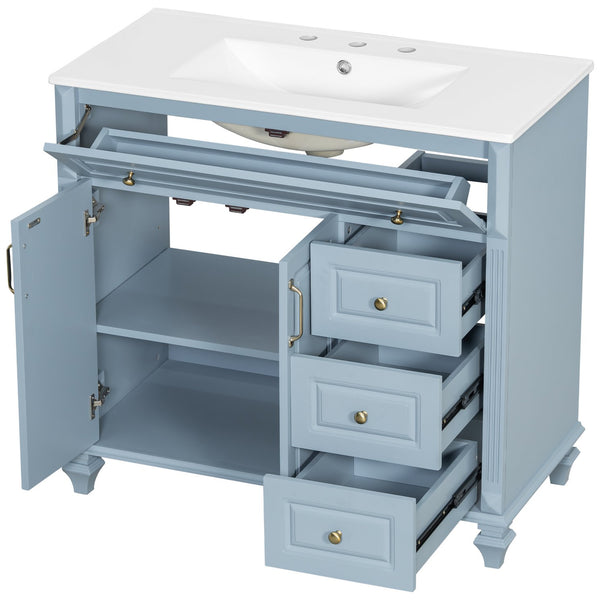 English Elm 36" Bathroom Vanity - Modern Blue Grey Solid Wood Cabinet With Elegant Gold Handles & Ample Storage N725P356069E