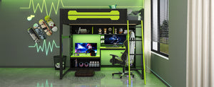 English Elm Full Size Gaming Loft Bed with Built-in Desk Led Lighting Usb Ports and Pegboard Black+Green LT000270AAG