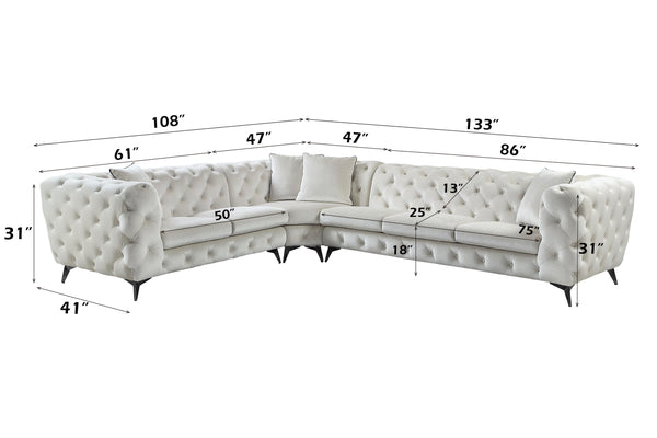English Elm Atronia Beige Sectional Sofa with 4 Pillows — Button Tufted Fabric, Pocket Coil Seats, Removable Covers B2726S00353