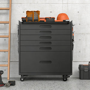 English Elm 34.3" Rolling Steel Workshop Cabinet with 3 Drawers Lockable Doors and Pegboard Sides W2735P428816