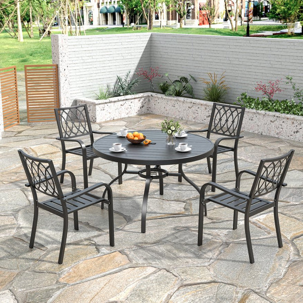 English Elm 5-piece Outdoor Round Dining Set Wood-grain Slat Table Stackable Steel Chairs Garden Black W3979S00025