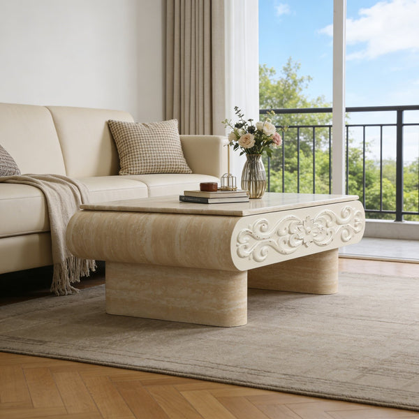 English Elm Rounded Edge Coffee Table Solid Wood Engraved Drawer Modern Living Room Storage Beige+Yellow W3040P428650