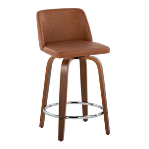 English Elm 24" Mid-century Swivel Barstools Walnut Tapered Legs Faux Leather Seat Chrome Footrest Set Camel B202S00132