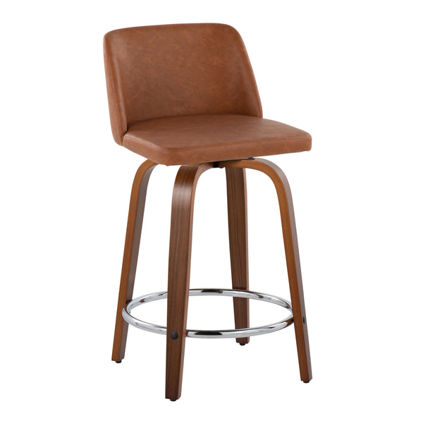 English Elm 24" Mid-century Swivel Barstools Walnut Tapered Legs Faux Leather Seat Chrome Footrest Set Camel B202S00132