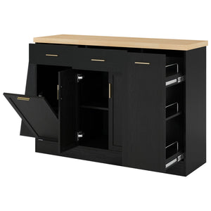 English Elm Trexm Farmhouse Kitchen Sideboard with Hidden Trash Cabinet and Built-in Spice Rack Black XW000027AAB