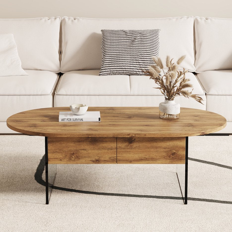 English Elm Cozy Natural Oval Coffee Table with Dual Drawers, Tempered Glass Legs, Wood Grain MDF Top, 43.3"x23.6" W1512P405601