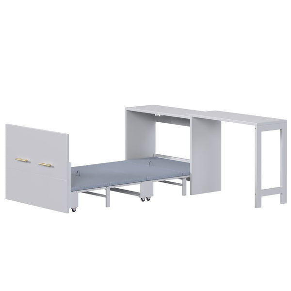 English Elm Twin Size Murphy Cabinet Bed With Adjustable Desk - Space-Saving Gray Chest Dresser For Guests N733P272603E-GIGA