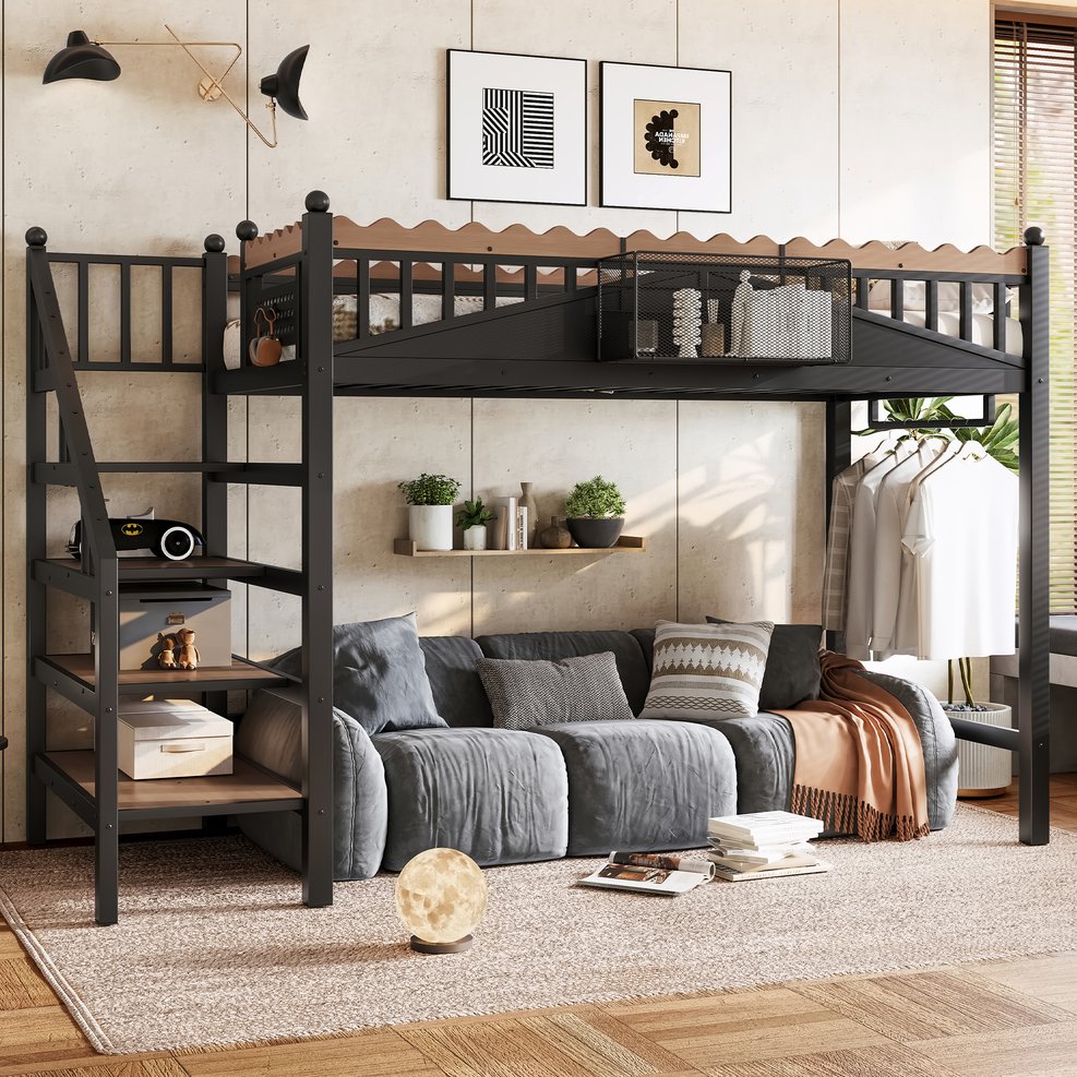 English Elm Twin Xl Metal Loft Bed with Stair Storage Shelves Sturdy Steel Frame for Dorms W1580S00377