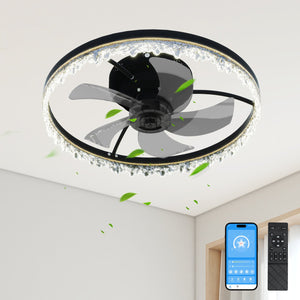 English Elm Smart Luxury Crystal Flush Mount Fan 20" LED Chandelier with 5 Invisible Blades, Remote & App Control, Dimmable Timer W2312P368702